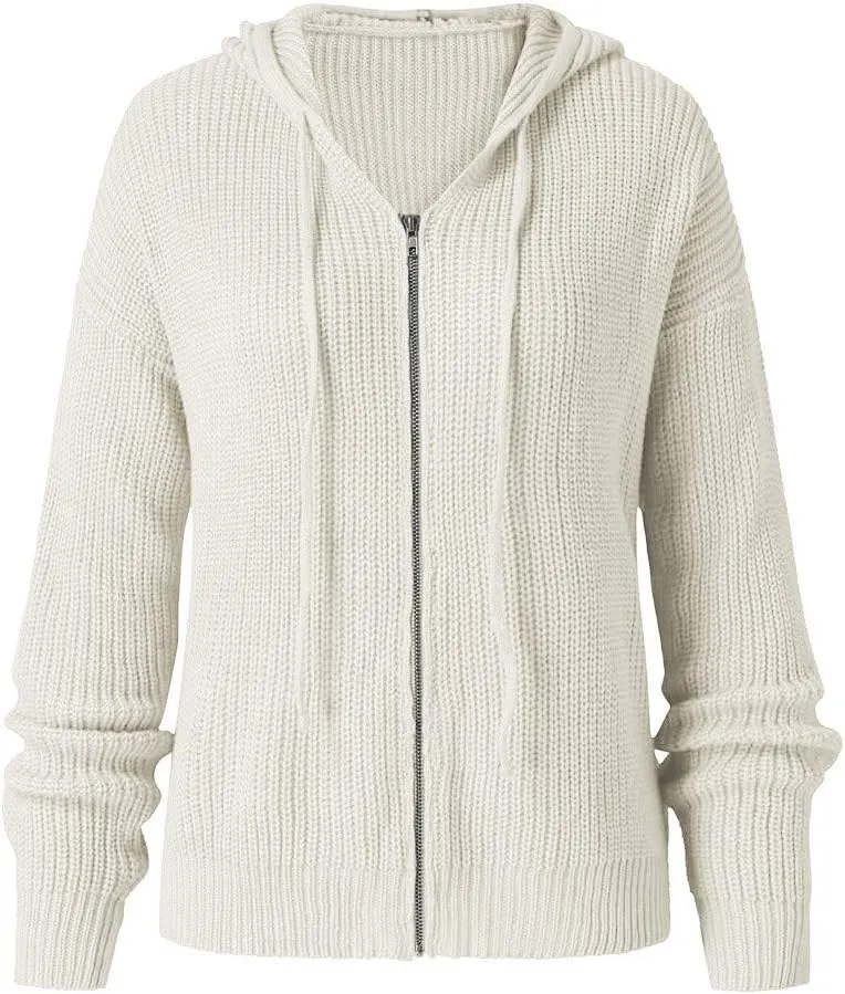 Casual Zip Up Hoodies for Women Oversized Long Sleeve Open Front Knitted Cardigans Drawstring Hooded Sweaters Jackets