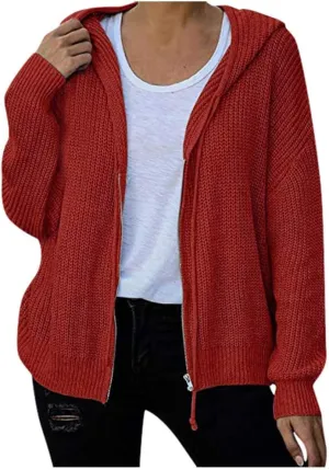 Casual Zip Up Hoodies for Women Oversized Long Sleeve Open Front Knitted Cardigans Drawstring Hooded Sweaters Jackets