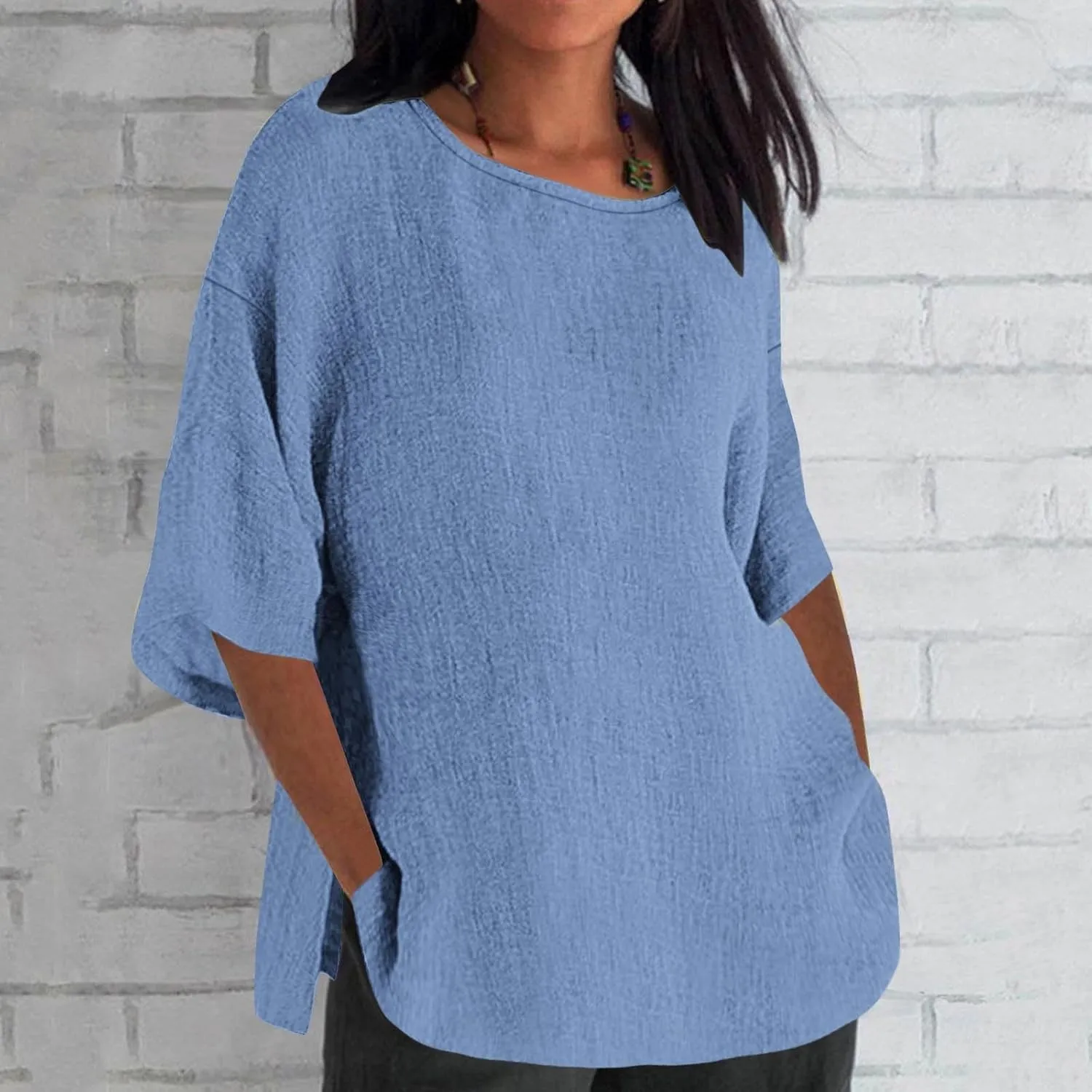 Ceboyel Women's Cotton Linen Tunic Shirts Dandelion Print Summer Tops 3/4 Sleeve Blouse Tshirts Bohemian Style Clothes 2023