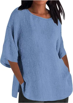 Ceboyel Women's Cotton Linen Tunic Shirts Dandelion Print Summer Tops 3/4 Sleeve Blouse Tshirts Bohemian Style Clothes 2023