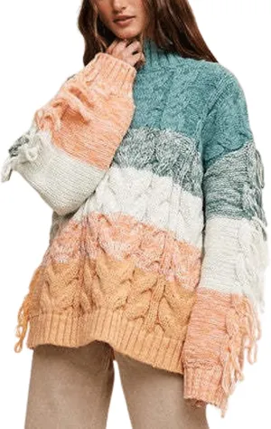 CHARTOU Casual Cable Knit Sweaters for Women Fall Turtleneck Long Sleeve Pullover Colorful Fringe Outwears