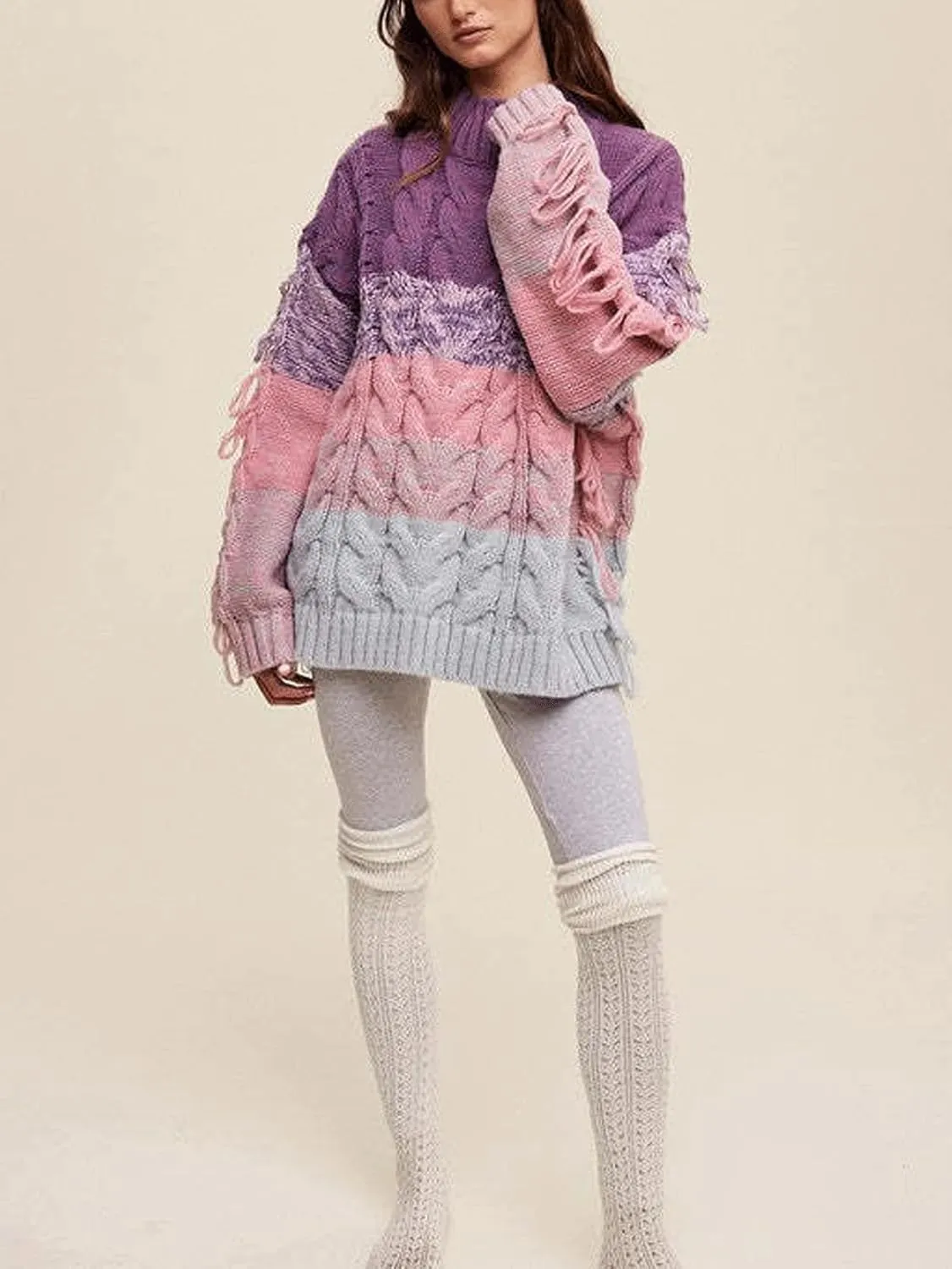 CHARTOU Casual Cable Knit Sweaters for Women Fall Turtleneck Long Sleeve Pullover Colorful Fringe Outwears
