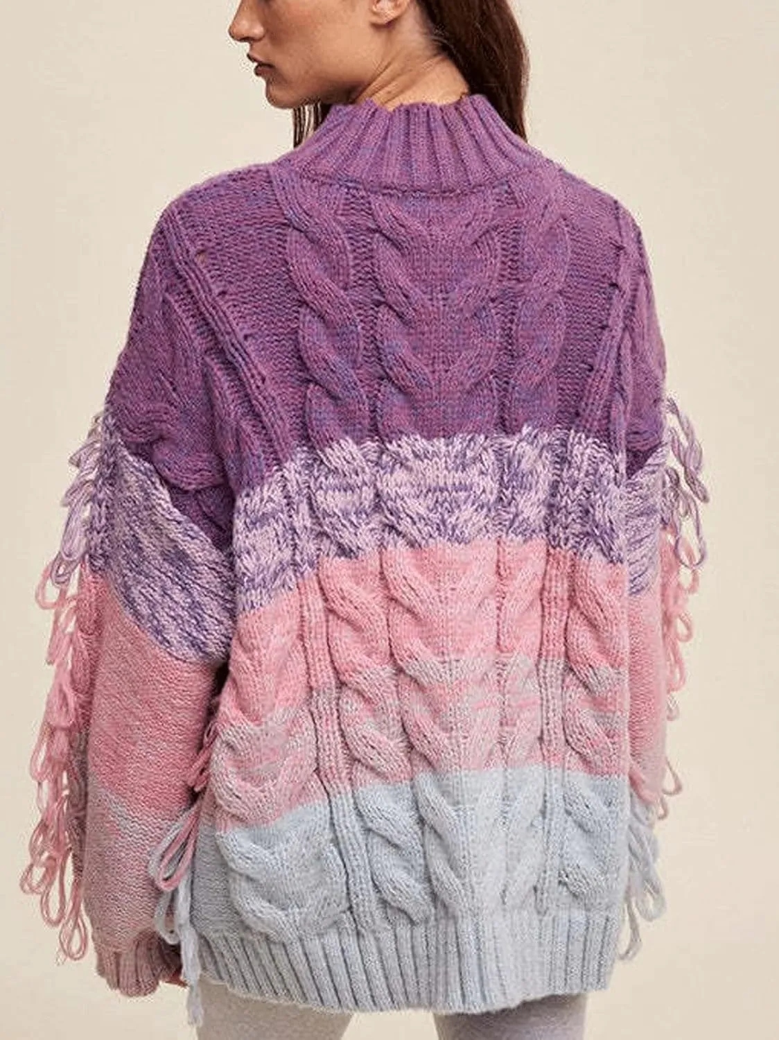 CHARTOU Casual Cable Knit Sweaters for Women Fall Turtleneck Long Sleeve Pullover Colorful Fringe Outwears