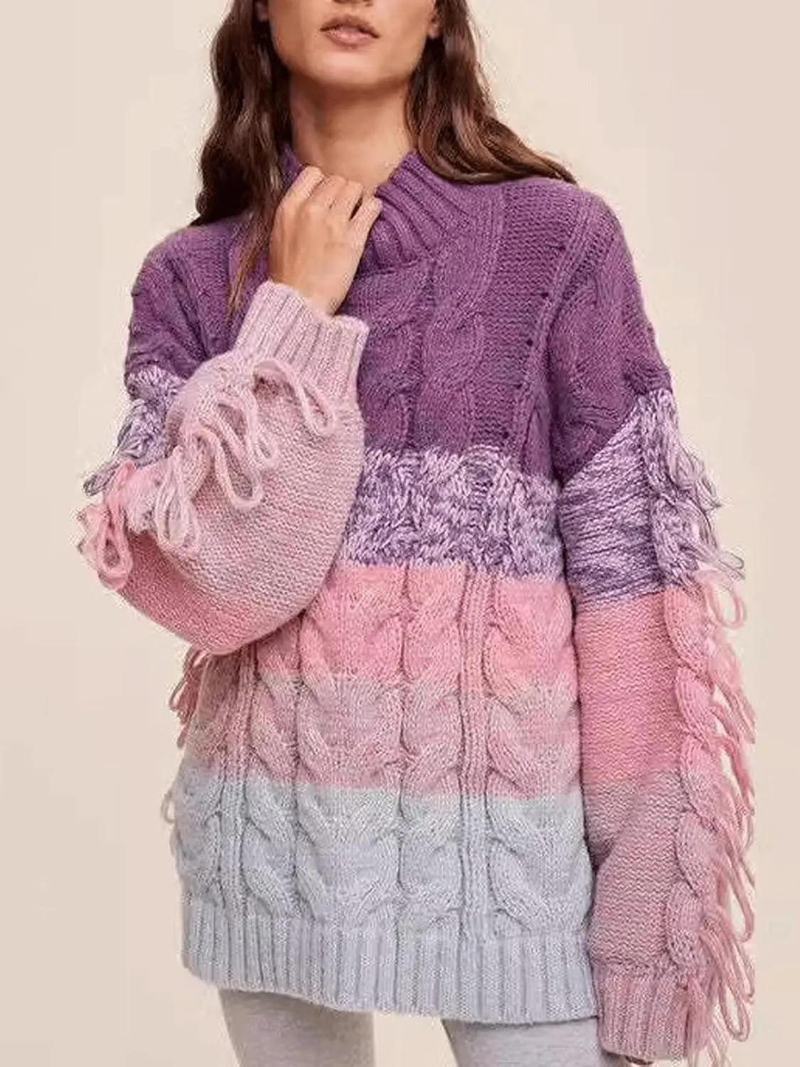 CHARTOU Casual Cable Knit Sweaters for Women Fall Turtleneck Long Sleeve Pullover Colorful Fringe Outwears