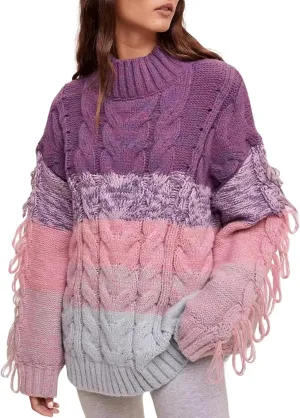 CHARTOU Casual Cable Knit Sweaters for Women Fall Turtleneck Long Sleeve Pullover Colorful Fringe Outwears