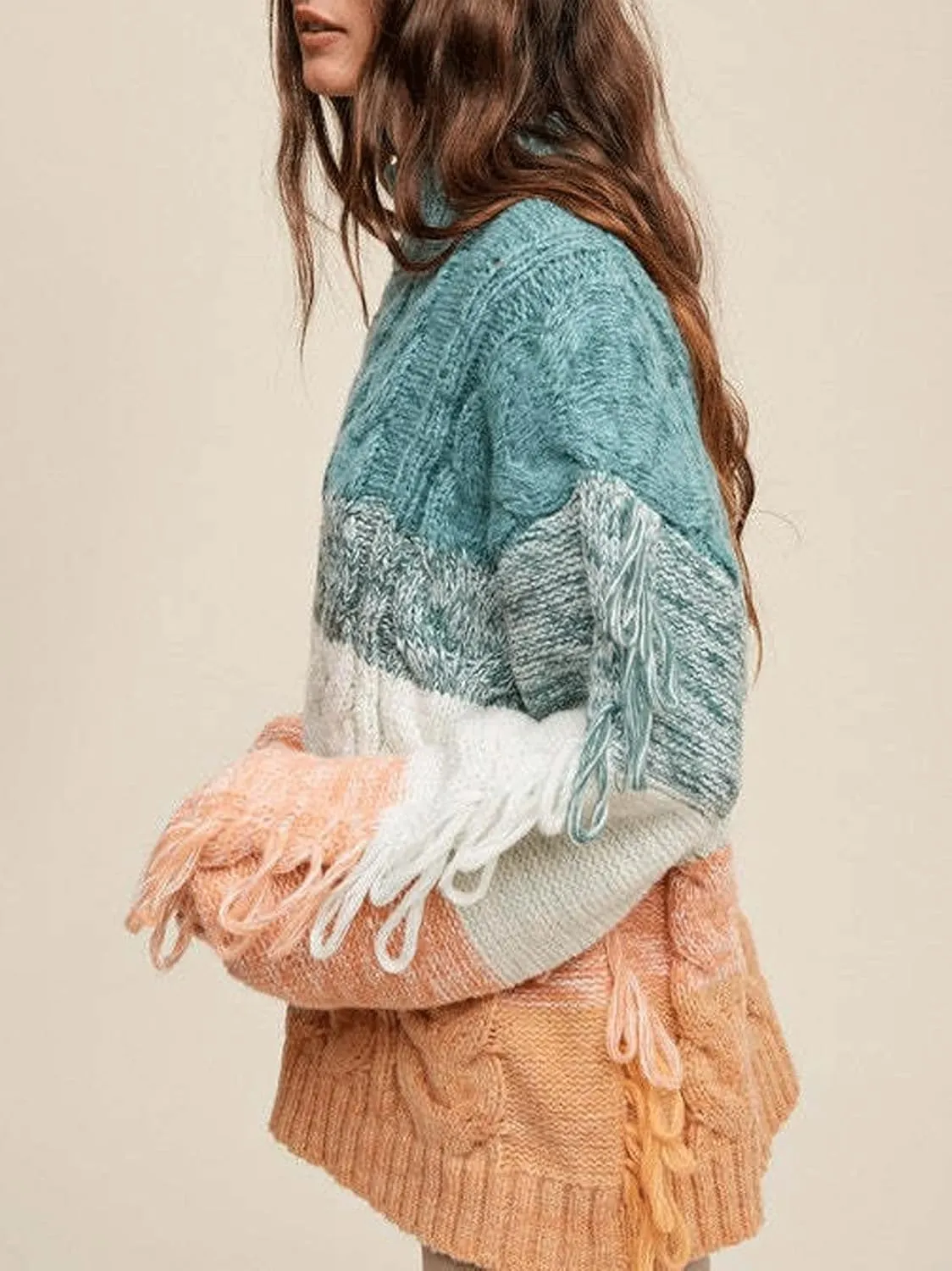 CHARTOU Casual Cable Knit Sweaters for Women Fall Turtleneck Long Sleeve Pullover Colorful Fringe Outwears