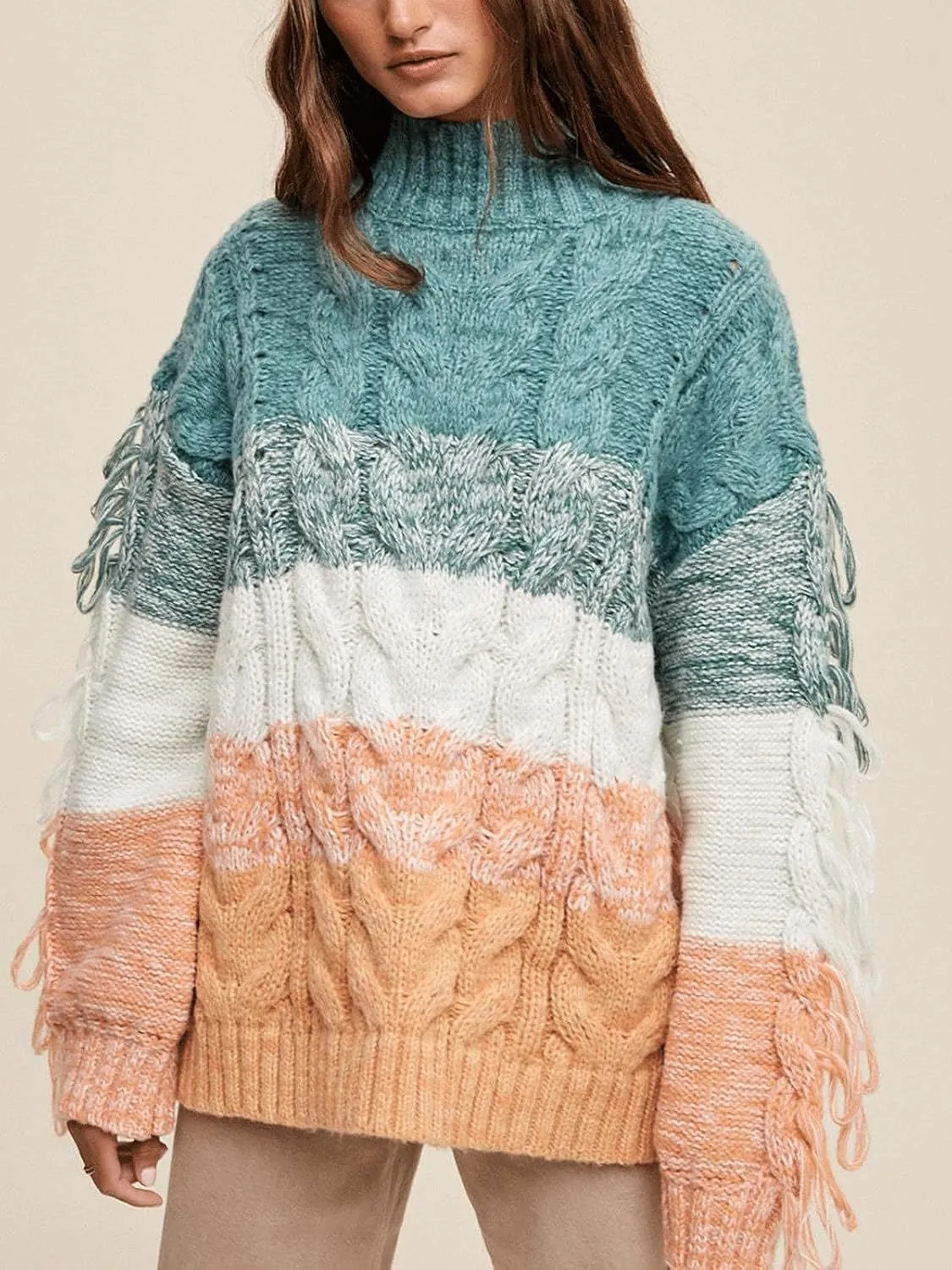 CHARTOU Casual Cable Knit Sweaters for Women Fall Turtleneck Long Sleeve Pullover Colorful Fringe Outwears
