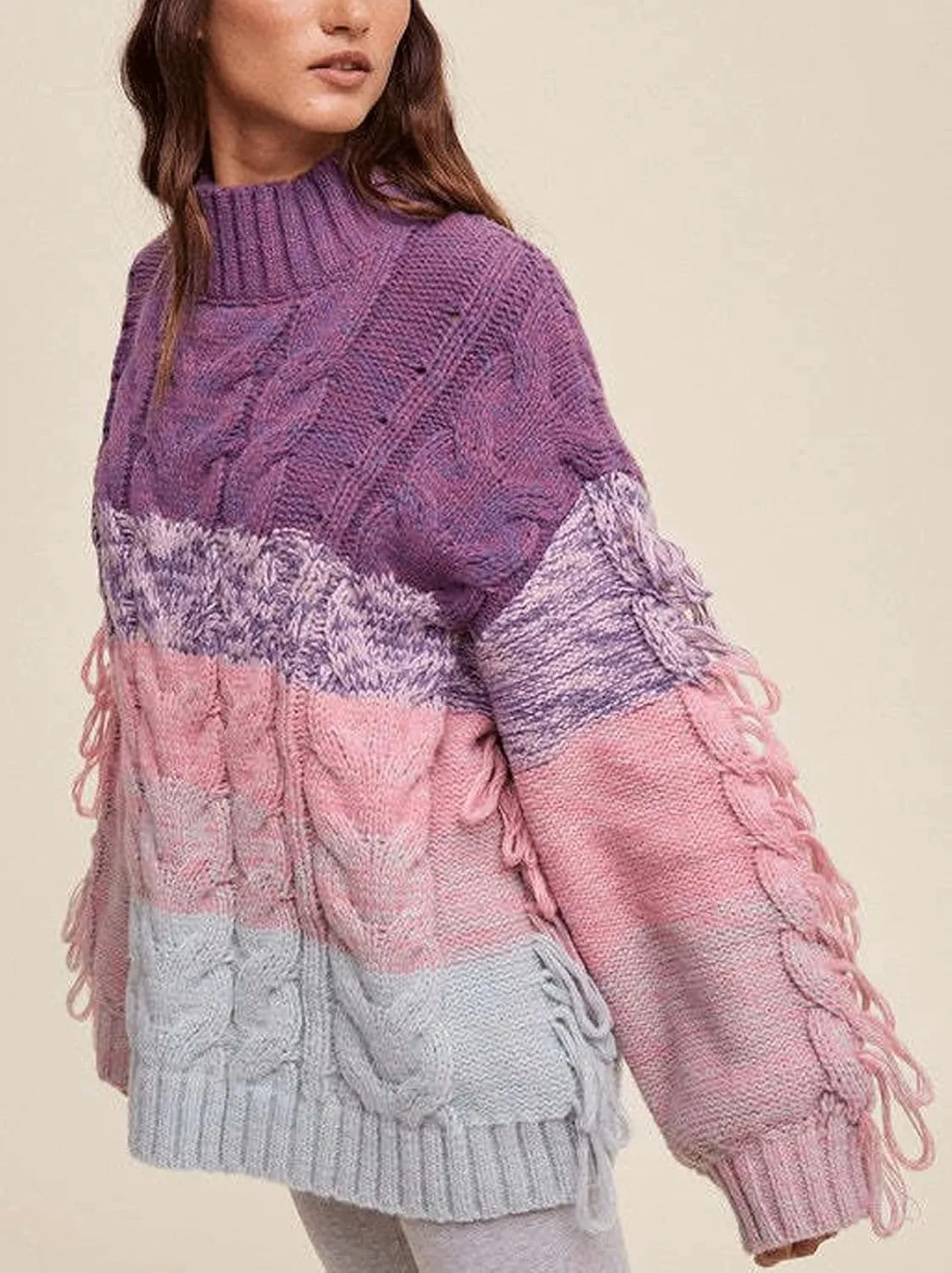CHARTOU Casual Cable Knit Sweaters for Women Fall Turtleneck Long Sleeve Pullover Colorful Fringe Outwears