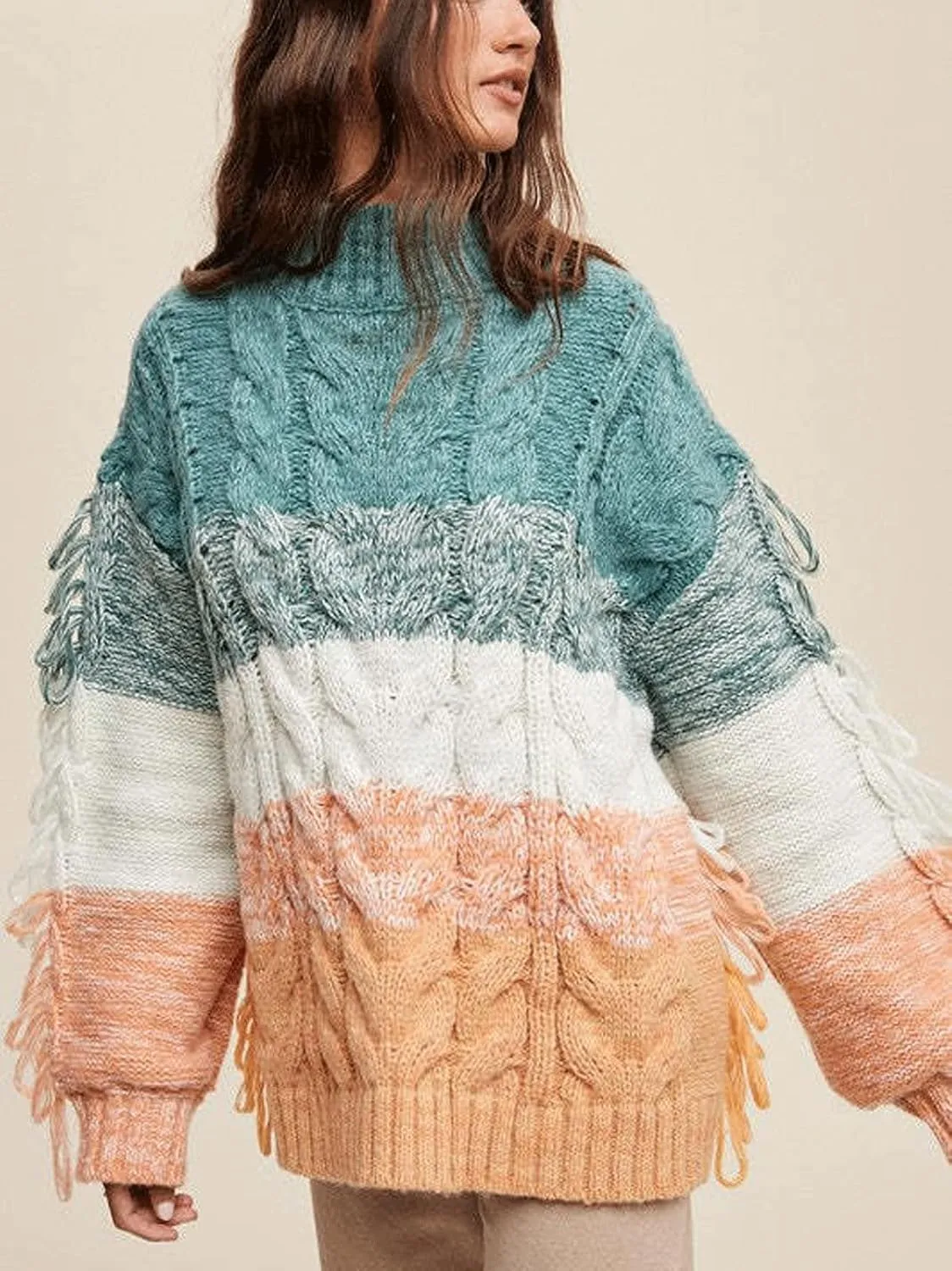 CHARTOU Casual Cable Knit Sweaters for Women Fall Turtleneck Long Sleeve Pullover Colorful Fringe Outwears