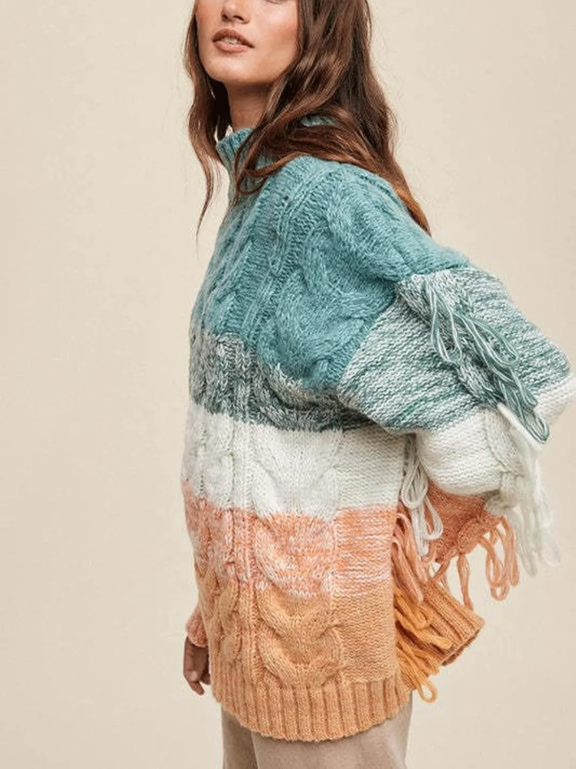CHARTOU Casual Cable Knit Sweaters for Women Fall Turtleneck Long Sleeve Pullover Colorful Fringe Outwears
