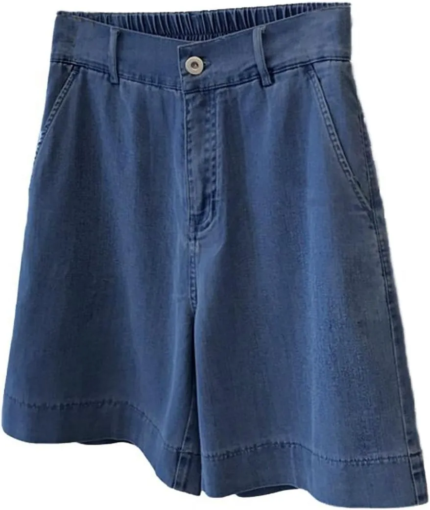 CHARTOU Women Summer Denim Shorts Lightweight Back-Elastic Waist Wide Leg Bermuda Shorts