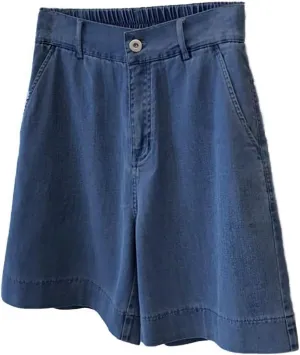 CHARTOU Women Summer Denim Shorts Lightweight Back-Elastic Waist Wide Leg Bermuda Shorts