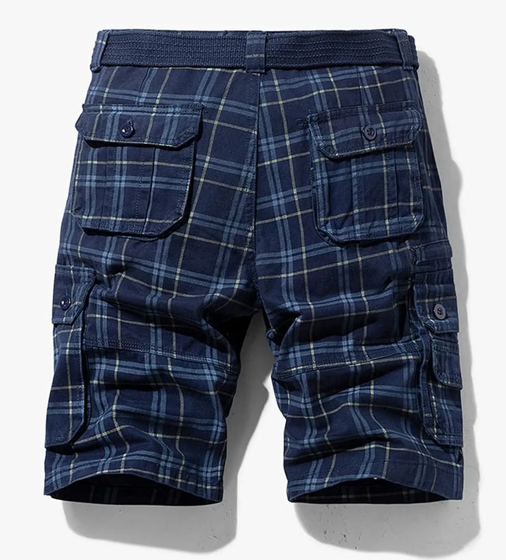 chouyatou Men's Summer Cool Multi-Pocket Straight Leg Utility Plaid Cargo Shorts