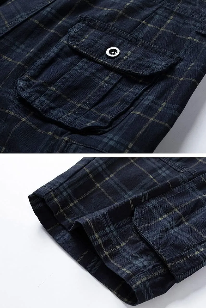 chouyatou Men's Summer Cool Multi-Pocket Straight Leg Utility Plaid Cargo Shorts