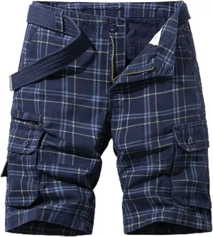 chouyatou Men's Summer Cool Multi-Pocket Straight Leg Utility Plaid Cargo Shorts