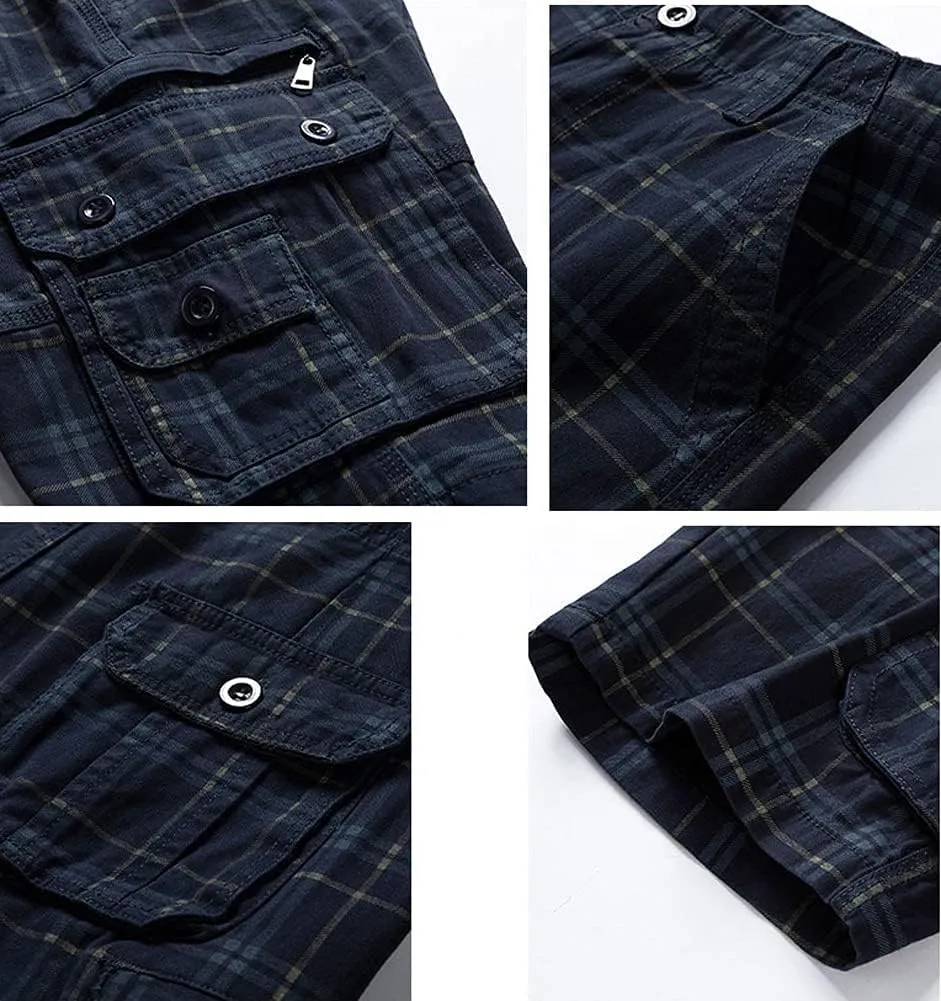 chouyatou Men's Summer Cool Multi-Pocket Straight Leg Utility Plaid Cargo Shorts