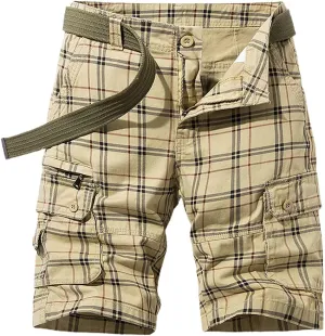 chouyatou Men's Summer Cool Multi-Pocket Straight Leg Utility Plaid Cargo Shorts