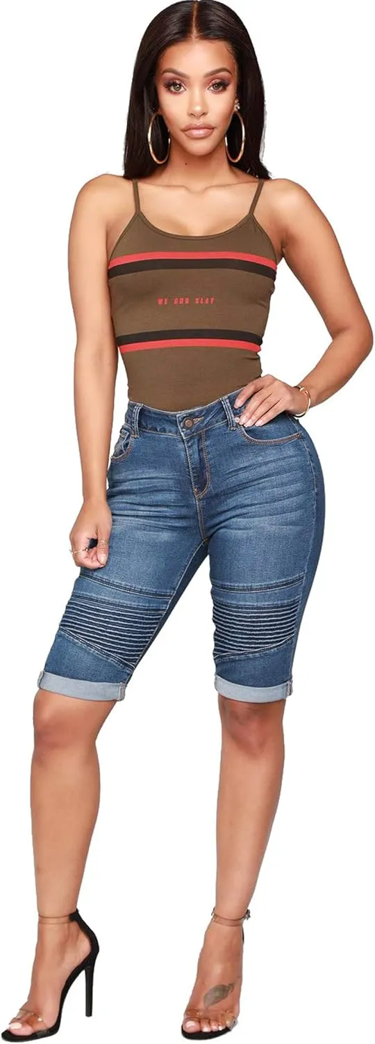 chouyatou Women's Moto Stretchy High Waist Butt-Lifting Wrinkle Cuffed Denim Bermuda Shorts