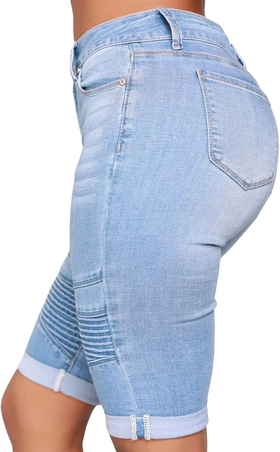 chouyatou Women's Moto Stretchy High Waist Butt-Lifting Wrinkle Cuffed Denim Bermuda Shorts