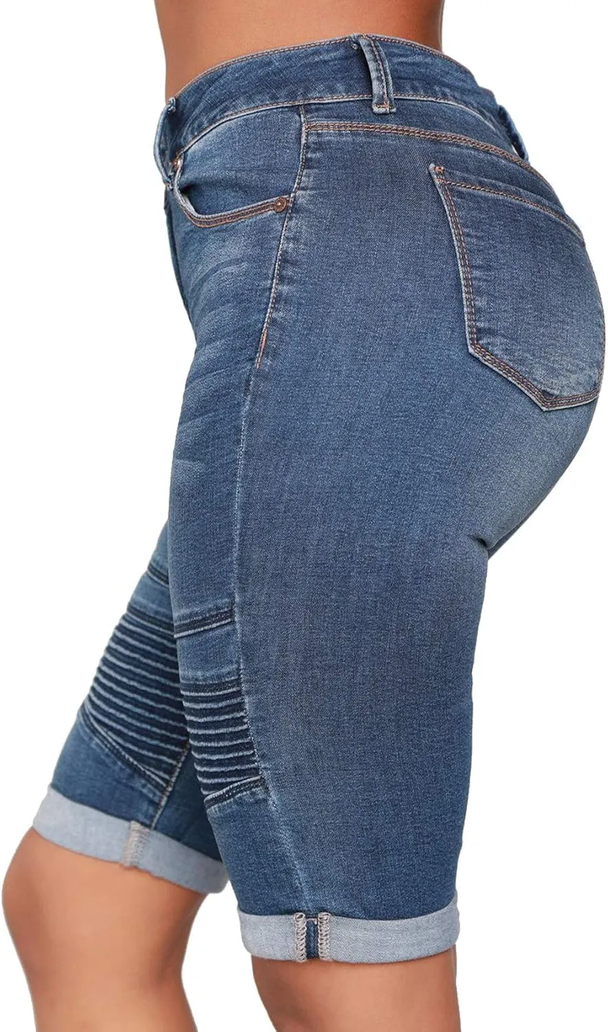 chouyatou Women's Moto Stretchy High Waist Butt-Lifting Wrinkle Cuffed Denim Bermuda Shorts