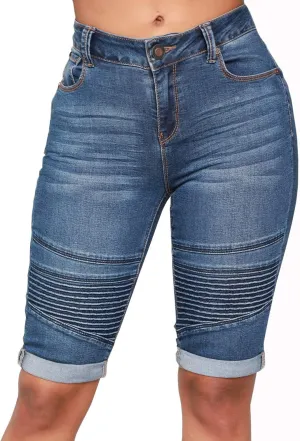 chouyatou Women's Moto Stretchy High Waist Butt-Lifting Wrinkle Cuffed Denim Bermuda Shorts