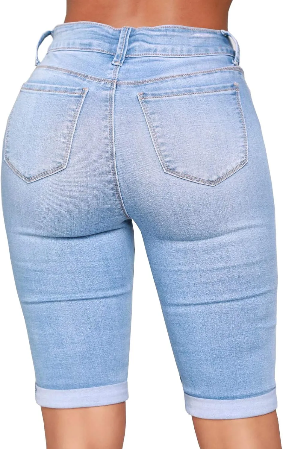chouyatou Women's Moto Stretchy High Waist Butt-Lifting Wrinkle Cuffed Denim Bermuda Shorts