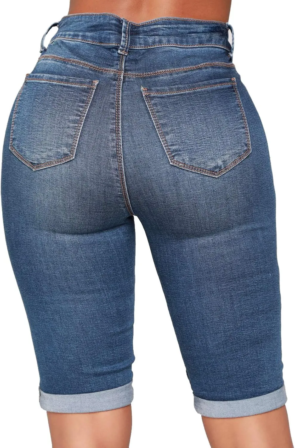chouyatou Women's Moto Stretchy High Waist Butt-Lifting Wrinkle Cuffed Denim Bermuda Shorts