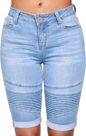 chouyatou Women's Moto Stretchy High Waist Butt-Lifting Wrinkle Cuffed Denim Bermuda Shorts