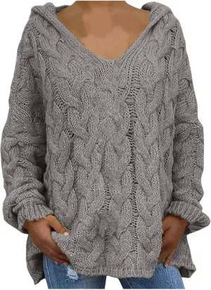 Chunky Sweater for Women 2023 Oversized Hooded Sweaters Cable Knit Pullover Sweaters Loose Long Sleeve Jumper Tops
