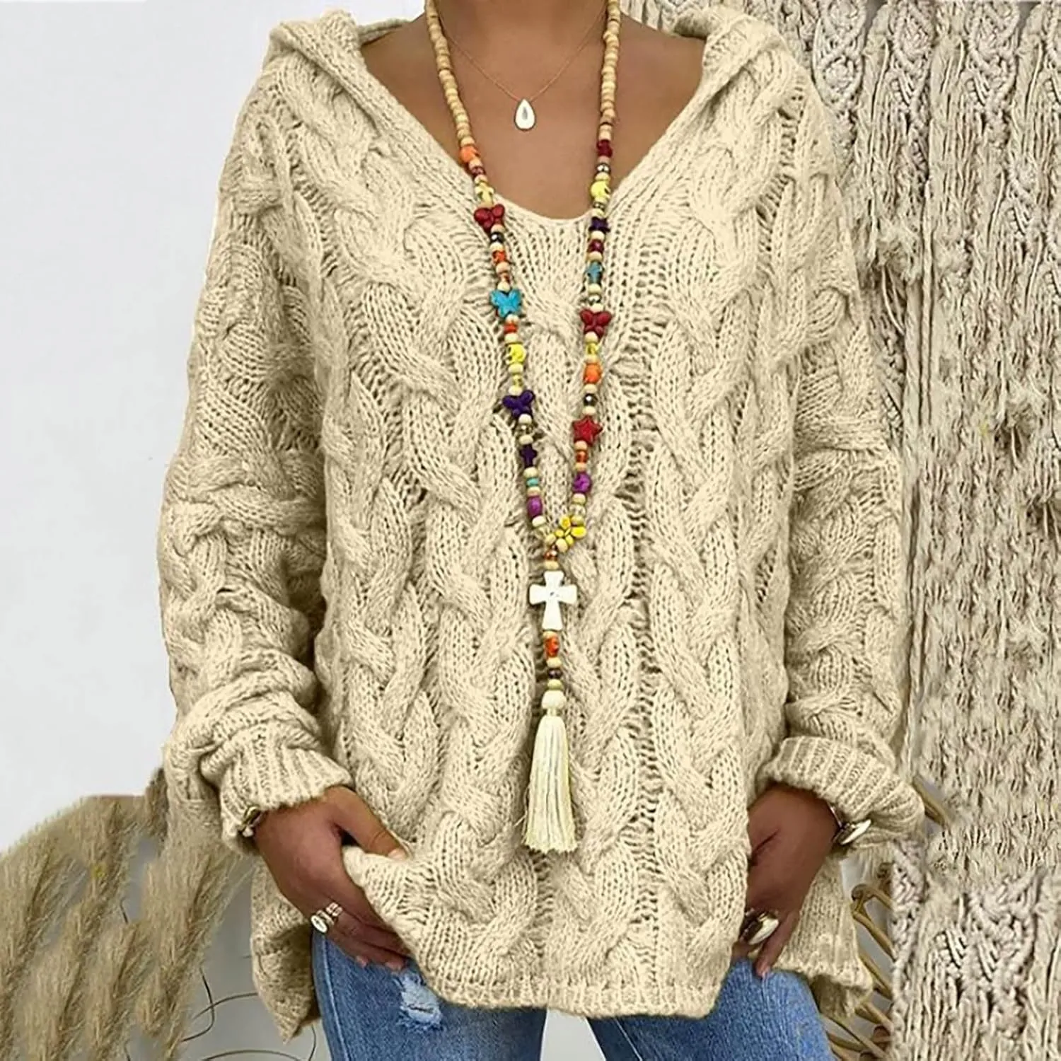Chunky Sweater for Women 2023 Oversized Hooded Sweaters Cable Knit Pullover Sweaters Loose Long Sleeve Jumper Tops