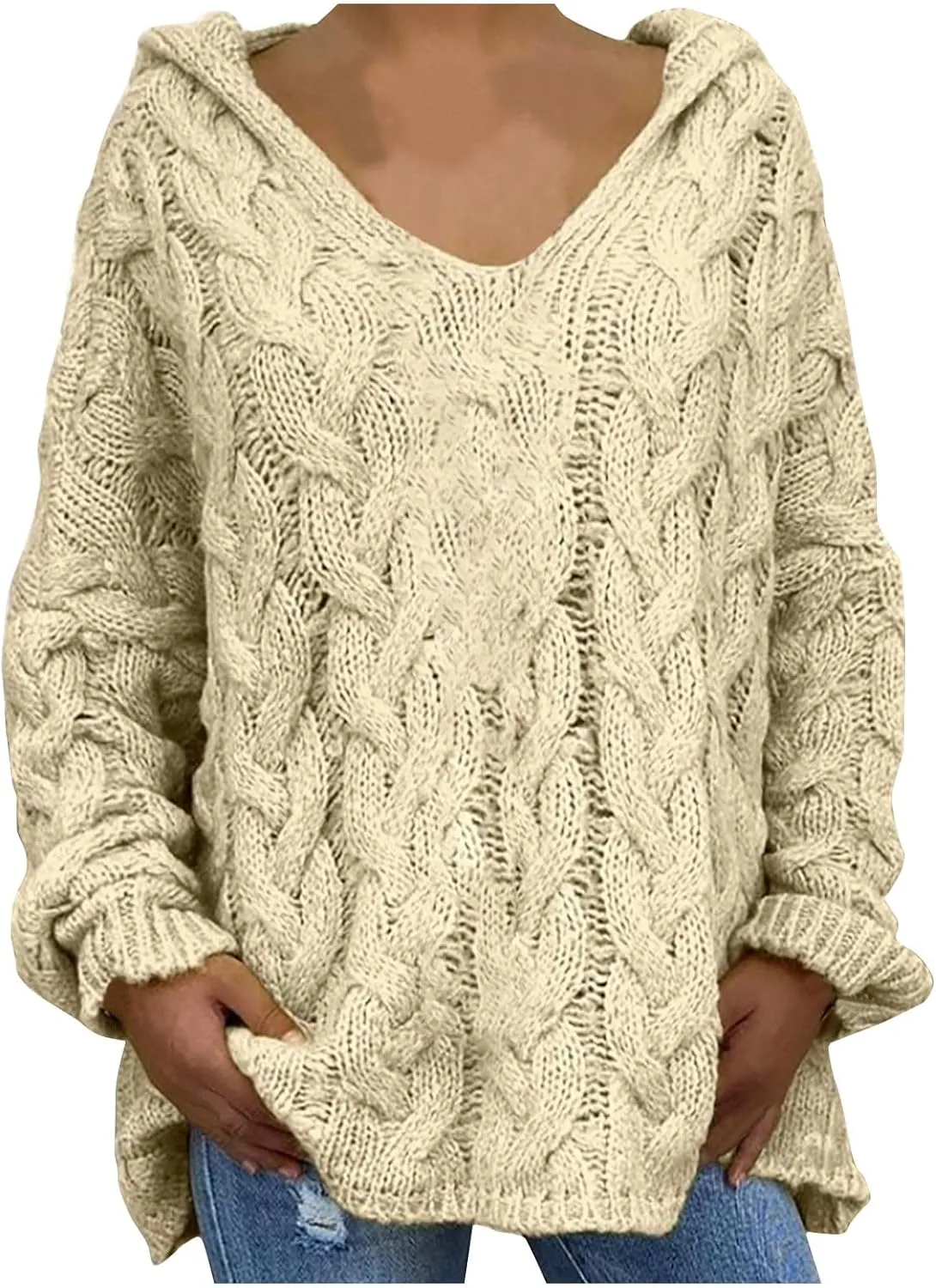 Chunky Sweater for Women 2023 Oversized Hooded Sweaters Cable Knit Pullover Sweaters Loose Long Sleeve Jumper Tops
