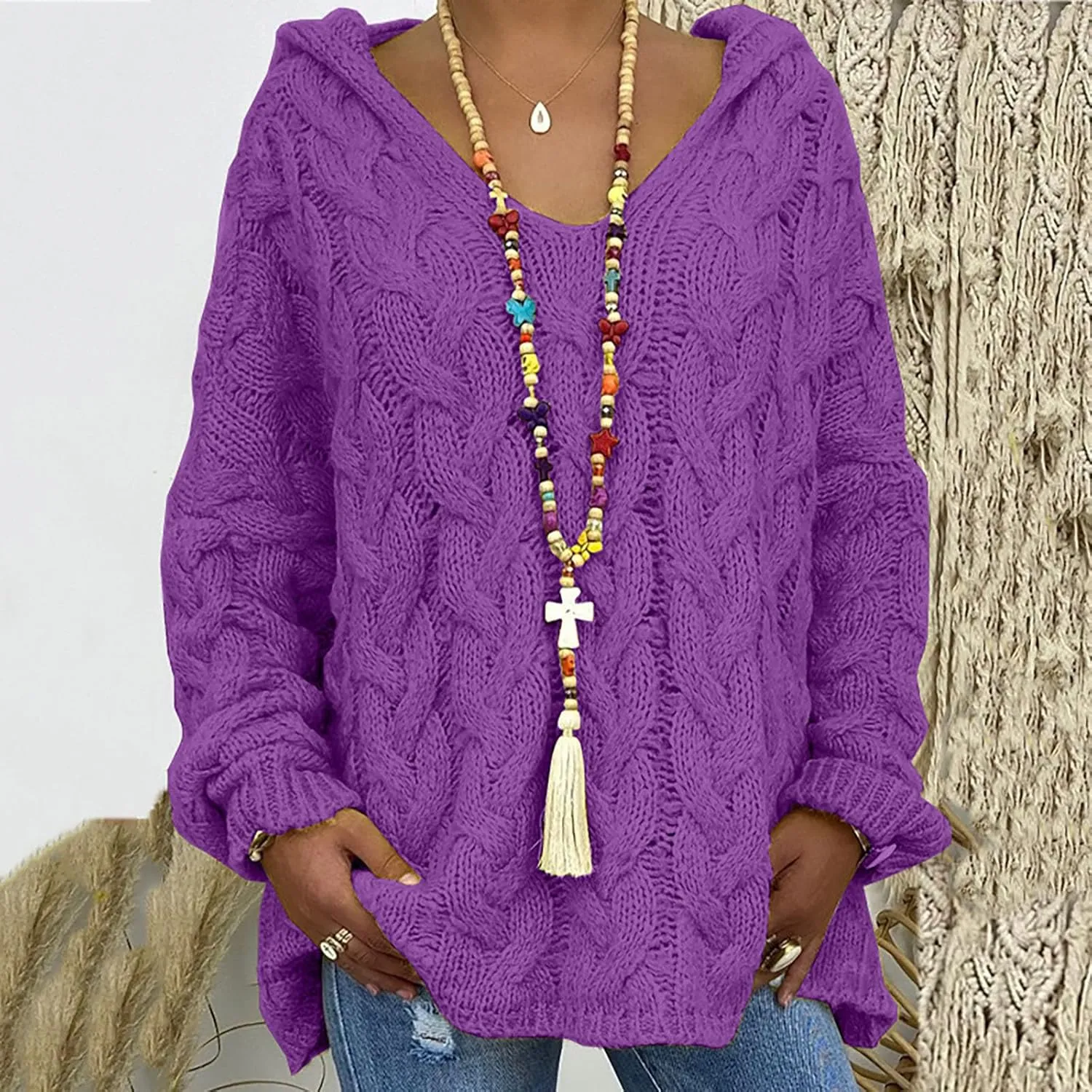 Chunky Sweater for Women 2023 Oversized Hooded Sweaters Cable Knit Pullover Sweaters Loose Long Sleeve Jumper Tops