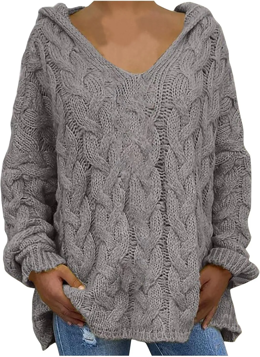 Chunky Sweater for Women 2023 Oversized Hooded Sweaters Cable Knit Pullover Sweaters Loose Long Sleeve Jumper Tops