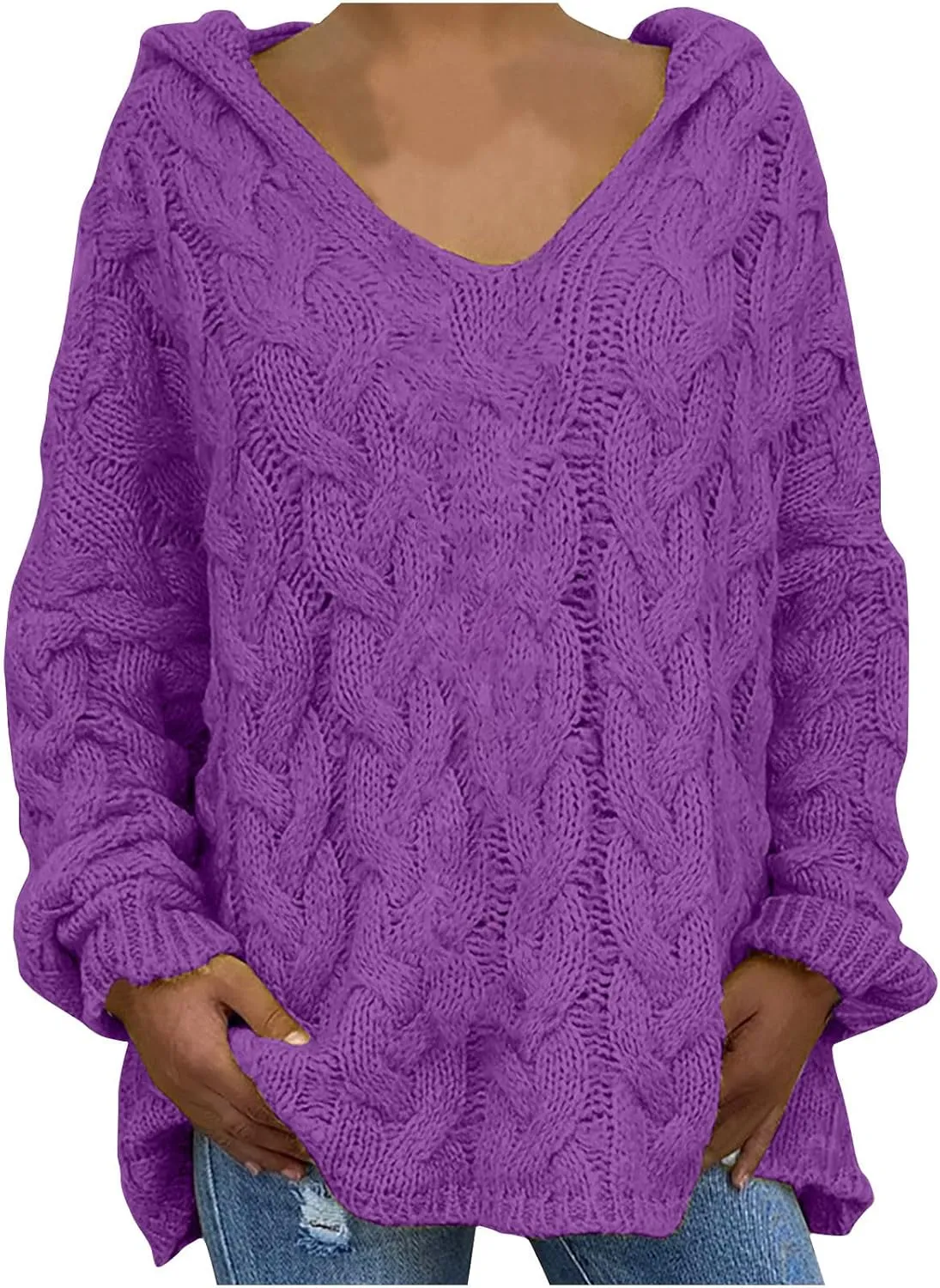 Chunky Sweater for Women 2023 Oversized Hooded Sweaters Cable Knit Pullover Sweaters Loose Long Sleeve Jumper Tops