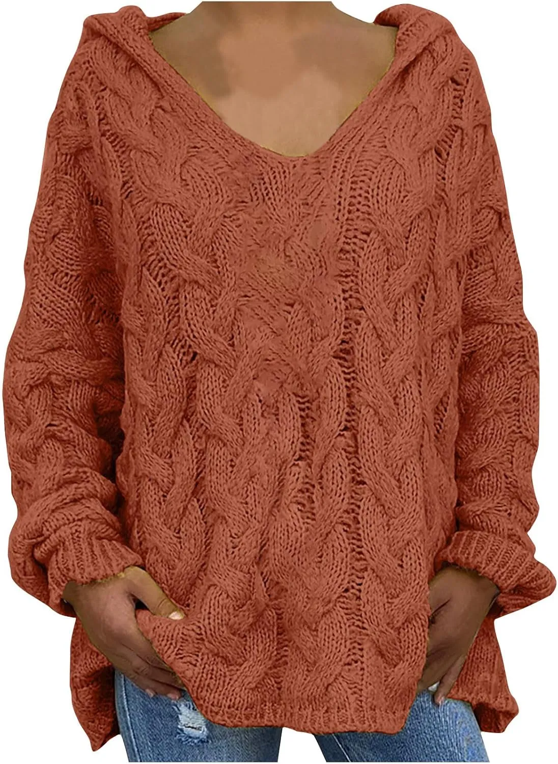 Chunky Sweater for Women 2023 Oversized Hooded Sweaters Cable Knit Pullover Sweaters Loose Long Sleeve Jumper Tops