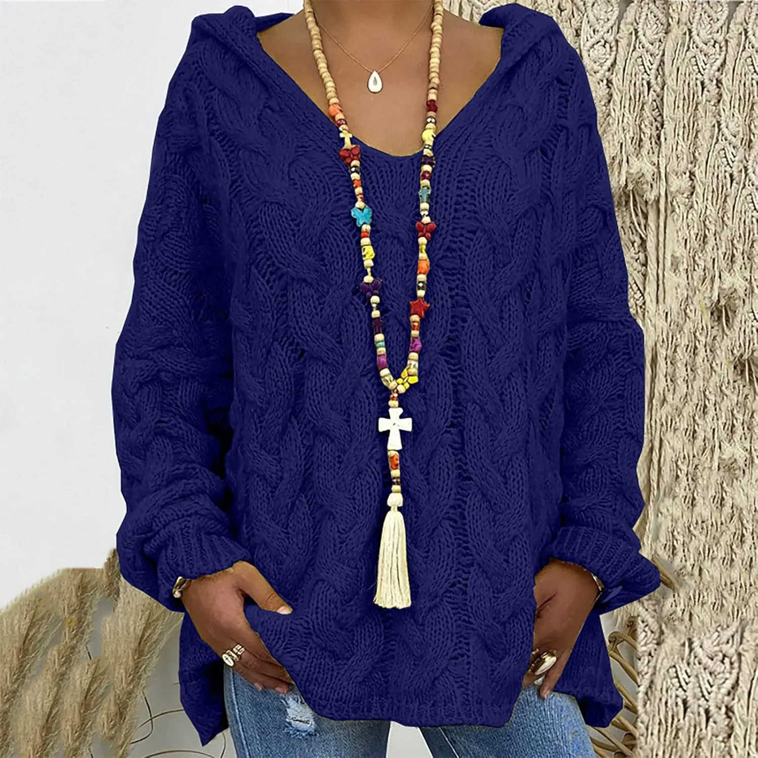 Chunky Sweater for Women 2023 Oversized Hooded Sweaters Cable Knit Pullover Sweaters Loose Long Sleeve Jumper Tops