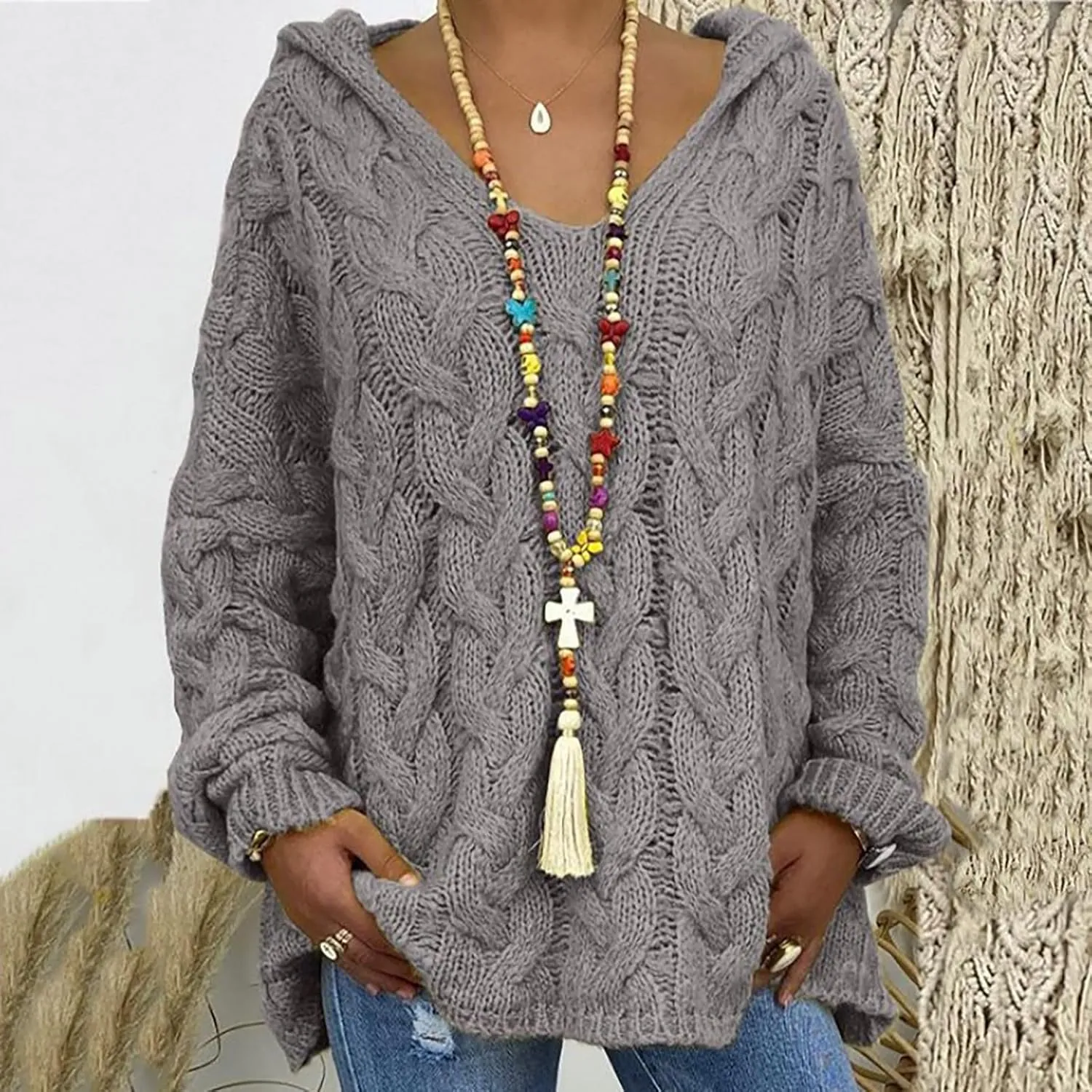 Chunky Sweater for Women 2023 Oversized Hooded Sweaters Cable Knit Pullover Sweaters Loose Long Sleeve Jumper Tops