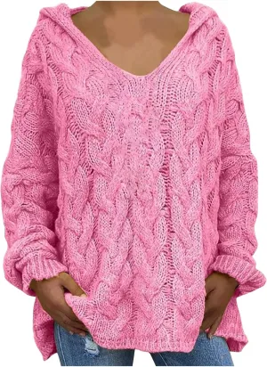 Chunky Sweater for Women 2023 Oversized Hooded Sweaters Cable Knit Pullover Sweaters Loose Long Sleeve Jumper Tops