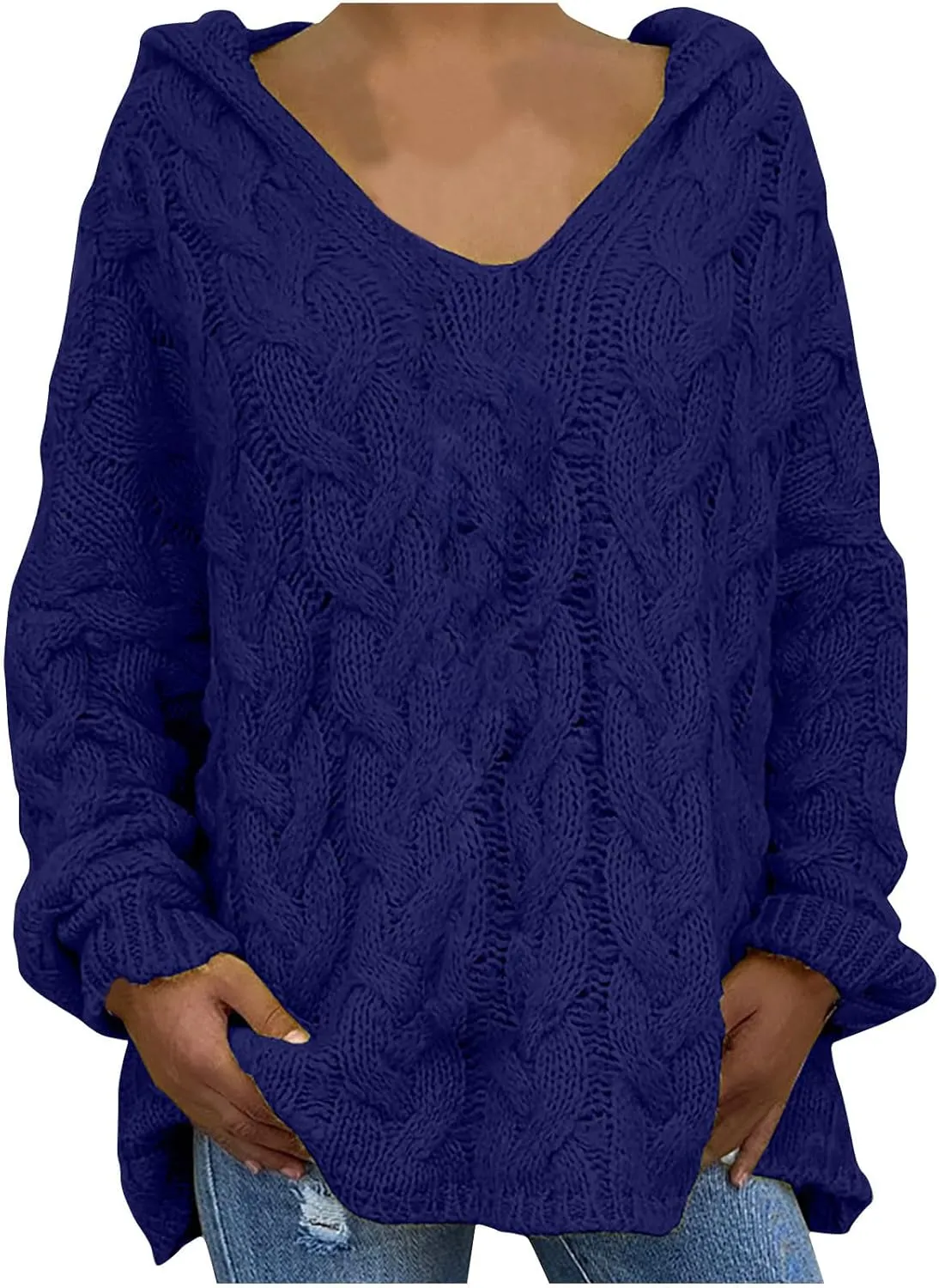 Chunky Sweater for Women 2023 Oversized Hooded Sweaters Cable Knit Pullover Sweaters Loose Long Sleeve Jumper Tops