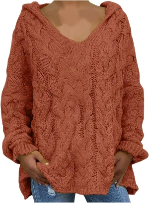 Chunky Sweater for Women 2023 Oversized Hooded Sweaters Cable Knit Pullover Sweaters Loose Long Sleeve Jumper Tops