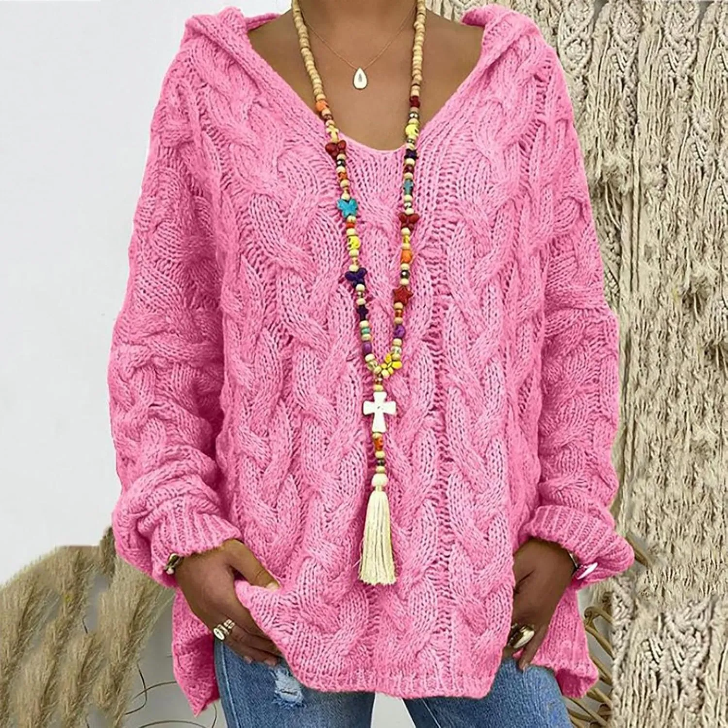 Chunky Sweater for Women 2023 Oversized Hooded Sweaters Cable Knit Pullover Sweaters Loose Long Sleeve Jumper Tops