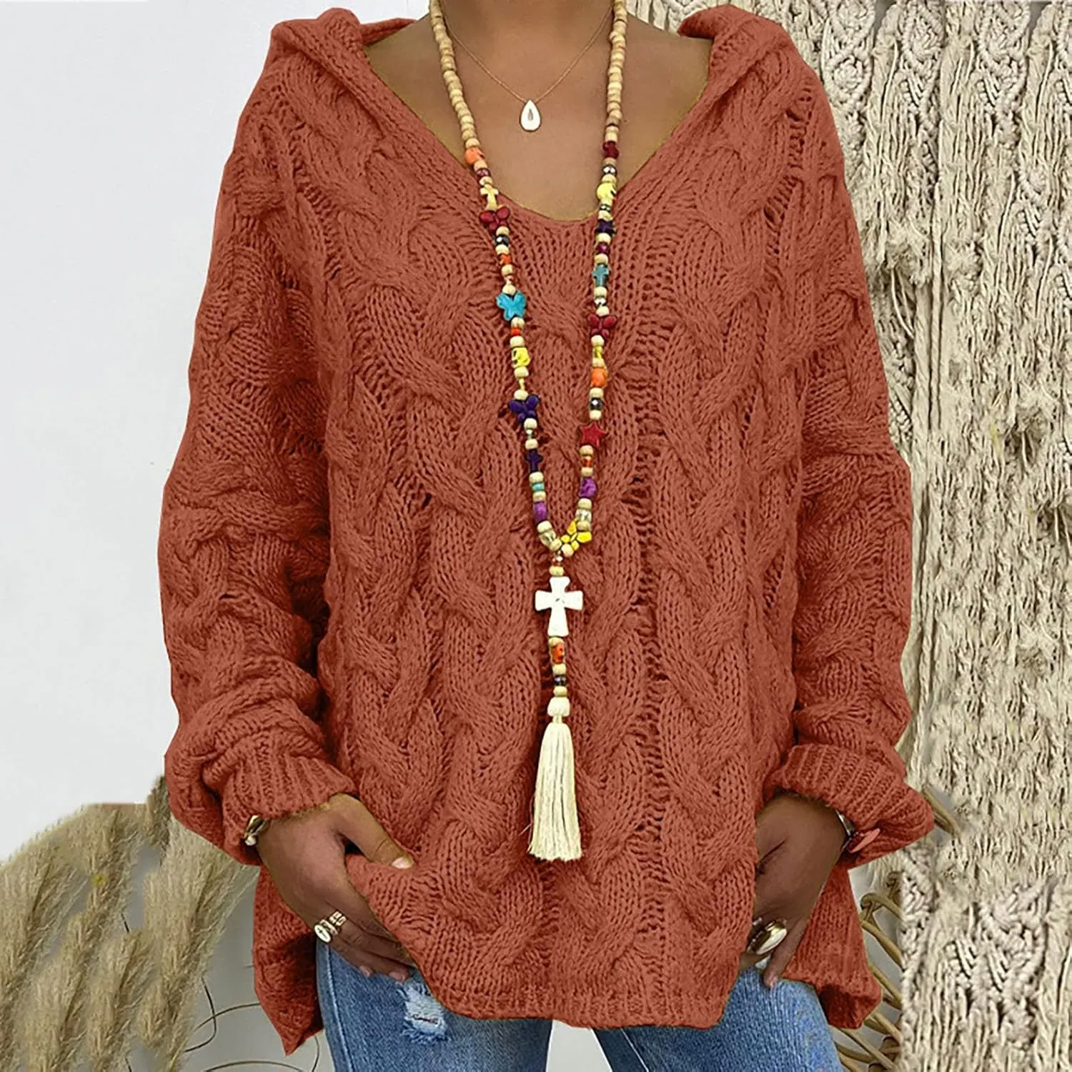 Chunky Sweater for Women 2023 Oversized Hooded Sweaters Cable Knit Pullover Sweaters Loose Long Sleeve Jumper Tops