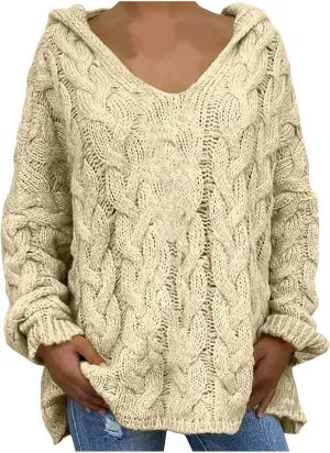 Chunky Sweater for Women 2023 Oversized Hooded Sweaters Cable Knit Pullover Sweaters Loose Long Sleeve Jumper Tops