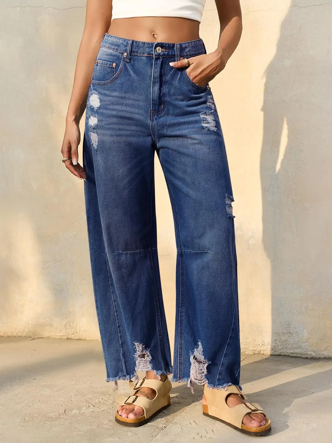 Cicy Bell Womens Baggy Barrel Jeans Cropped Boyfriend Wide Leg Raw Hem Denim Pants