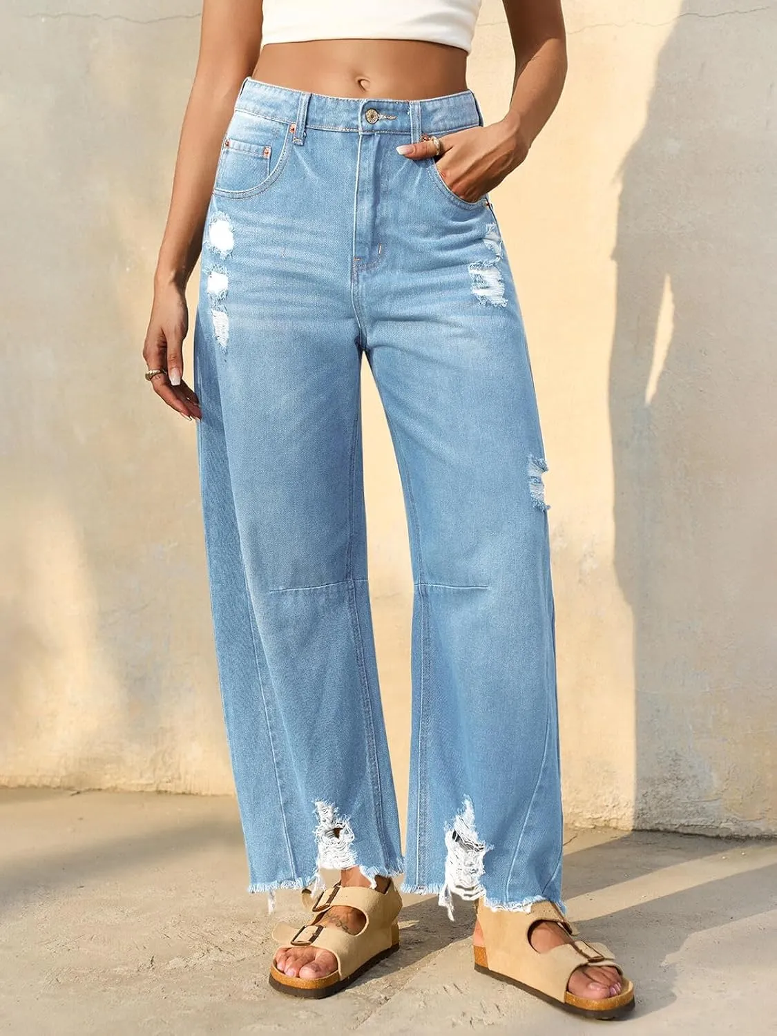 Cicy Bell Womens Baggy Barrel Jeans Cropped Boyfriend Wide Leg Raw Hem Denim Pants
