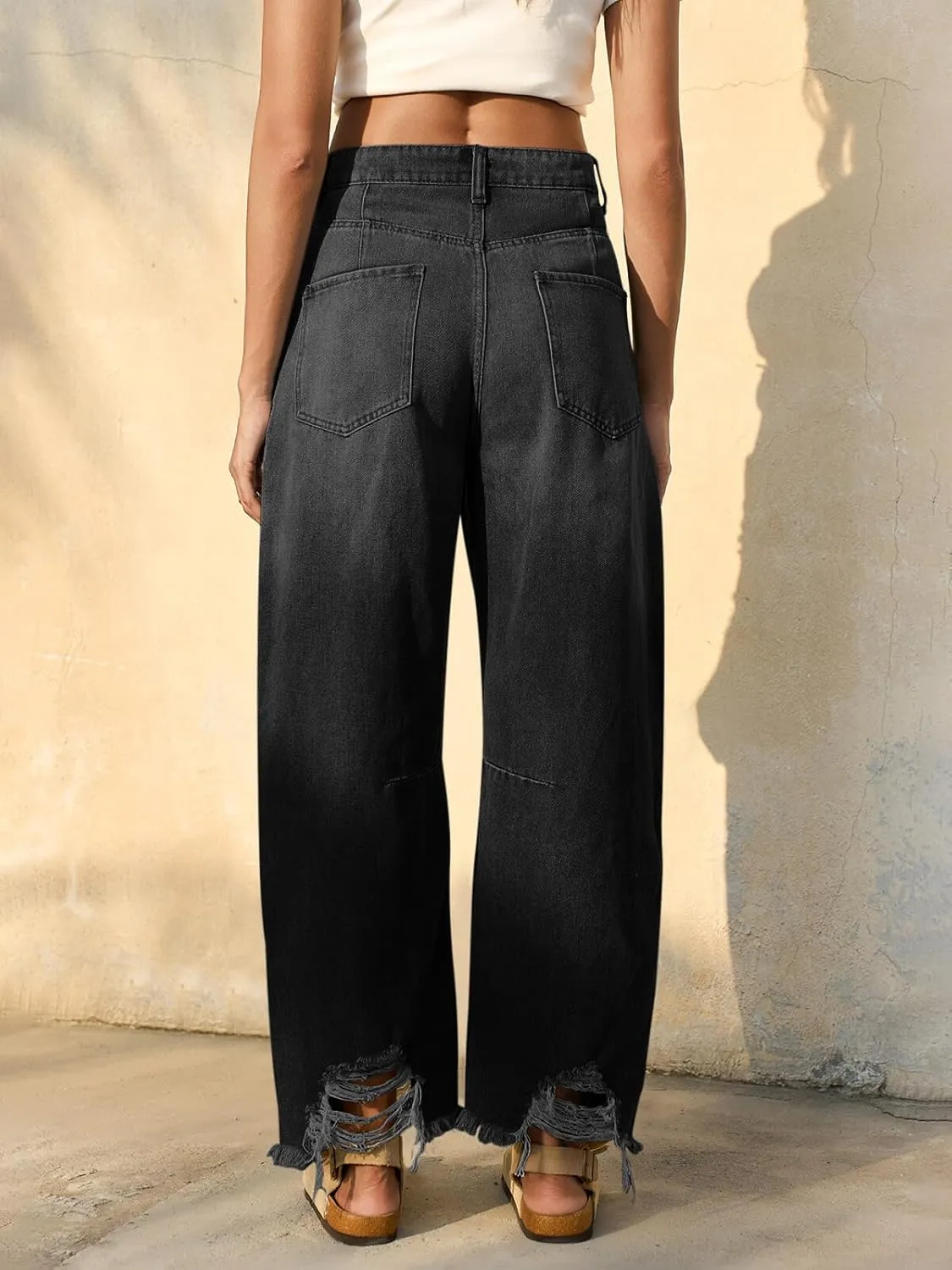 Cicy Bell Womens Baggy Barrel Jeans Cropped Boyfriend Wide Leg Raw Hem Denim Pants