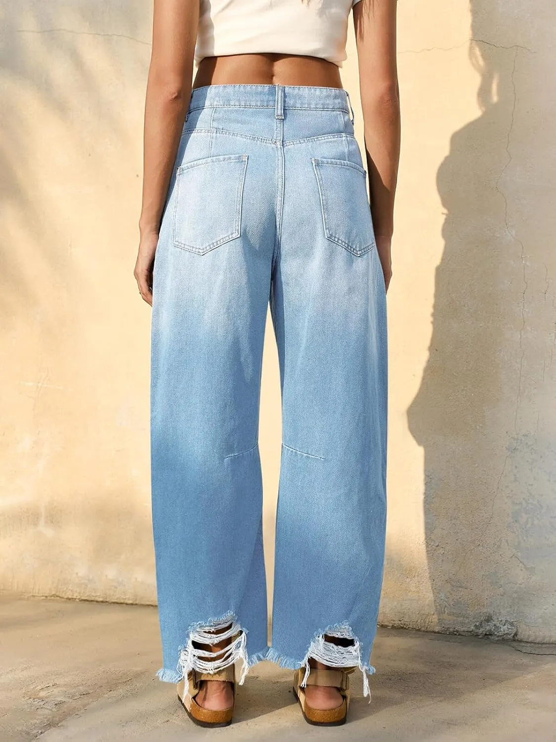 Cicy Bell Womens Baggy Barrel Jeans Cropped Boyfriend Wide Leg Raw Hem Denim Pants