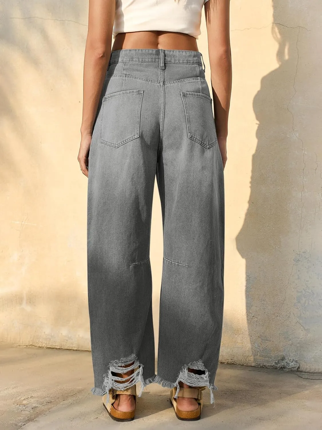 Cicy Bell Womens Baggy Barrel Jeans Cropped Boyfriend Wide Leg Raw Hem Denim Pants