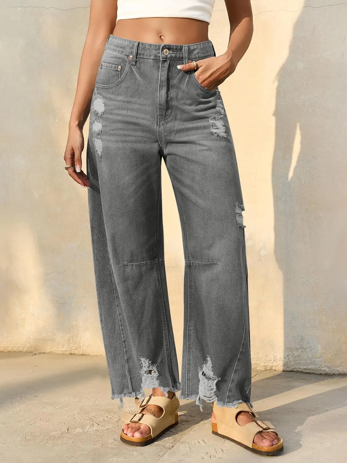 Cicy Bell Womens Baggy Barrel Jeans Cropped Boyfriend Wide Leg Raw Hem Denim Pants