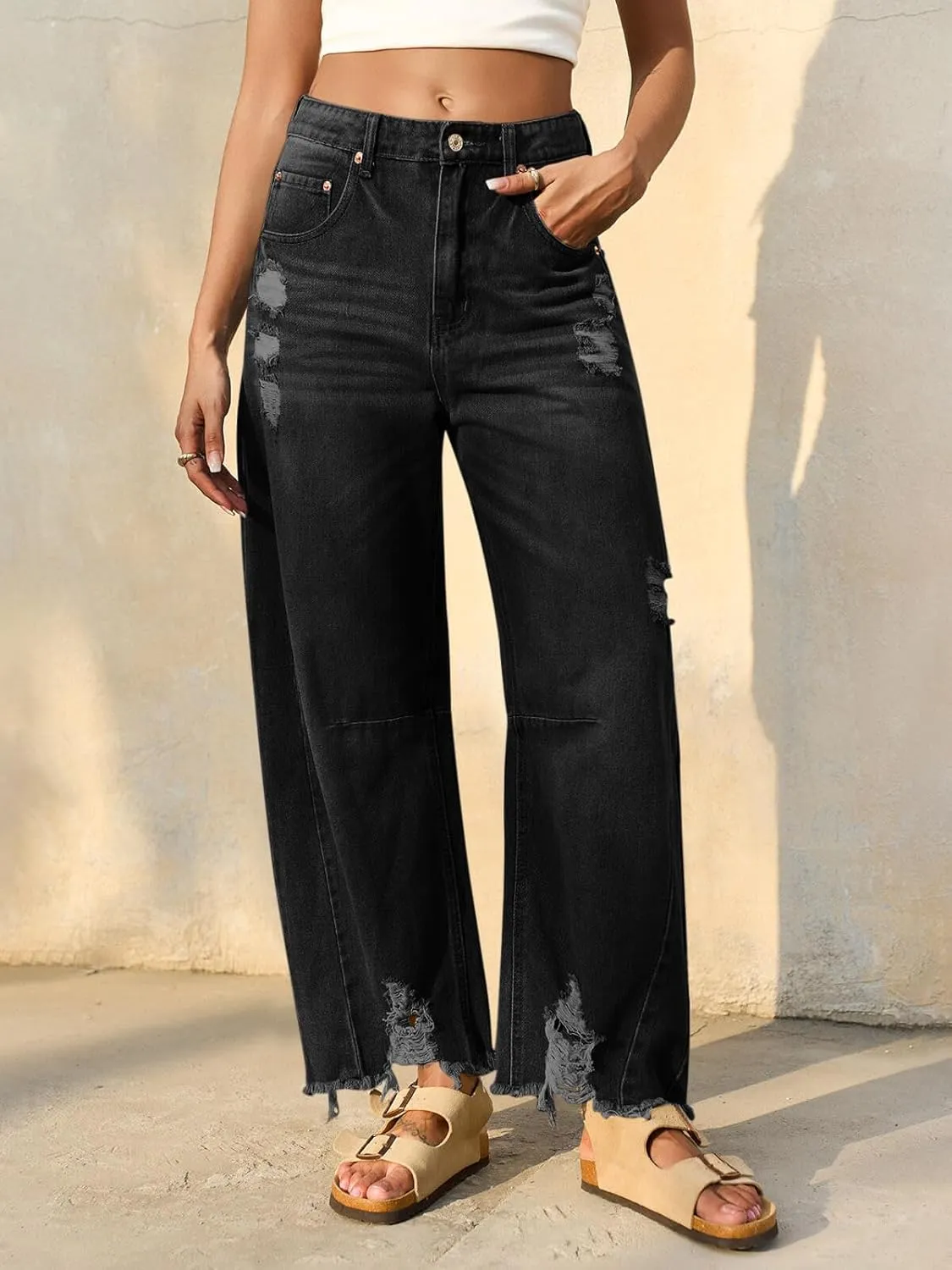 Cicy Bell Womens Baggy Barrel Jeans Cropped Boyfriend Wide Leg Raw Hem Denim Pants